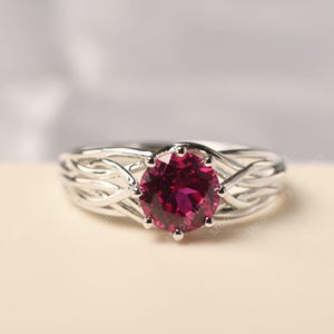 Solitaire ruby statement ring solid 14k white gold round cut nest ring July birthstone