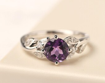 Twig engagement ring sterling silver round shaped amethyst promise ring February birthstone