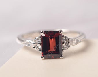 January birthstone natural garnet ring 14k solid white gold red gemstone proposal ring