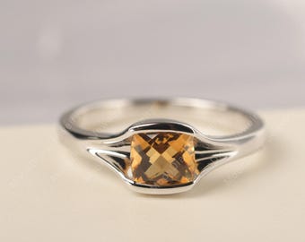 Genuine natural faceted citrine statement ring 14k white gold yellow gemstone November birthstone ring