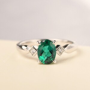 Delicate solid silver engagement ring oval cut emerald bridal ring May birthstone