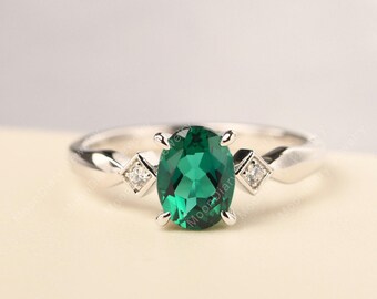 Delicate solid silver engagement ring oval cut emerald bridal ring May birthstone