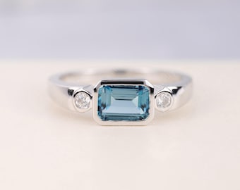 London Blautopas Ring Dezember Geburtsstein Weißgold / Sterlingsilber Smaragdschliff Versprechen Ring