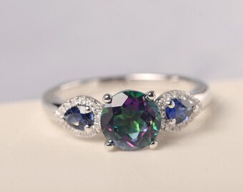 Real mystic topaz proposal ring rainbow topaz round cut handmade unique engagement ring for women