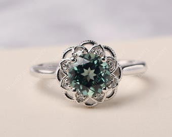 Unique green sapphire ring sterling silver round shaped double halo wedding ring