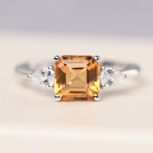Genuine citrine promise ring with pear side stone asscher cut solid silver November birthstone ring