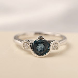 Genuine London blue topaz bridal ring half bezel setting round cut November birthstone ring
