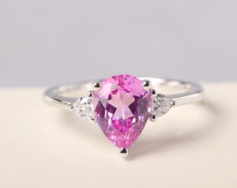 Pink sapphire wedding ring sterling silver tear drop shaped hot pink gemstone antique ring funny gifts