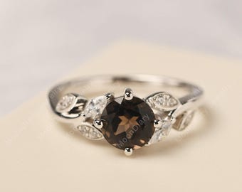 Smoky quartz wedding ring sterling silver round cut brown stone branch ring