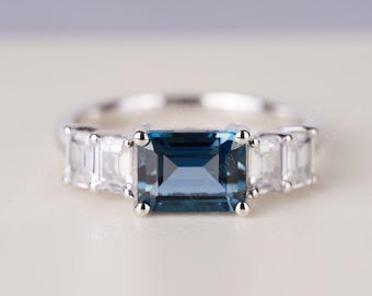 Engagement Ring  London Blue Topaz Ring December Birthstone Emerald Cut  Stone
