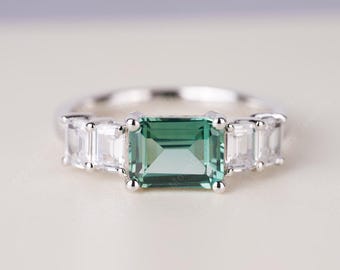 Unique Green Sapphire Engagement Ring Sterling Silver Emerald Cut  Ring Handmade Gifts for Her