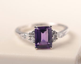 Emerald cut amethyst ring sterling silver February birthstone purple stone handmade wedding ring