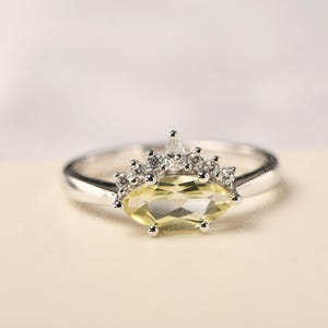 Natural lemon quartz crown bridal ring marquise cut yellow quartz sterling silver delicate daily ring
