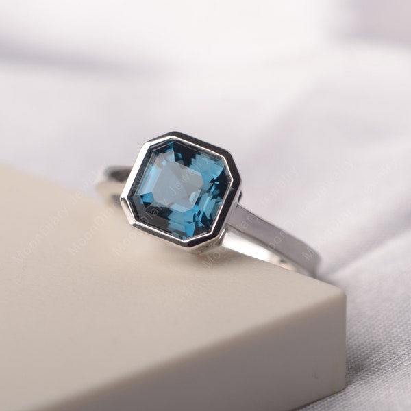 Asscher cut London blue topaz ring silver full bezel setting solitaire engagement ring for women November birthstone