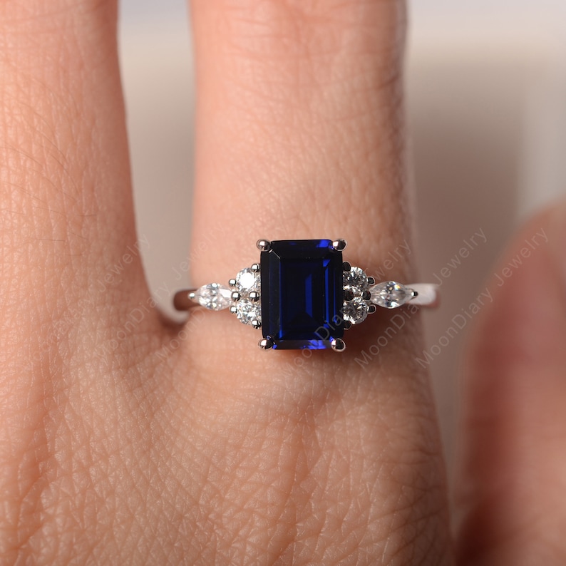 September birthstone blue sapphire cocktail party ring sterling silver emerald cut delicate ring image 5
