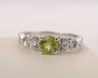 Natural peridot ring round cut August birthstone white gold vintage engagement ring for women