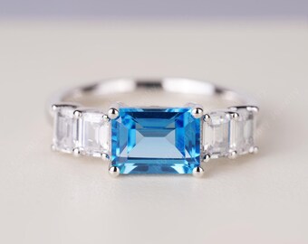 Genuine Swiss Blue Topaz Anniversary Ring Baguette Side Stone Emerald Silver Vintage November Birthstone Ring
