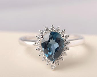 November birthstone real London blue topaz anniversary ring pear cut blue gemstone halo ring graduation gifts