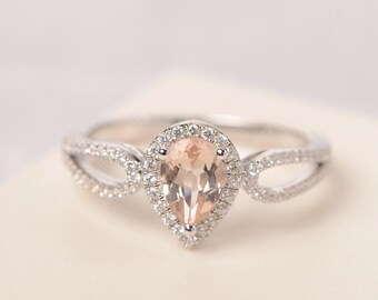 Anillo de compromiso de morganita rosa natural para mujer, plata de ley, corte de pera, banda dividida, anillo de boda único