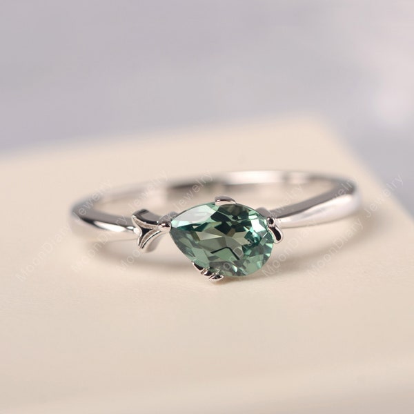 Green sapphire solitaire ring solid white gold water drop shaped wedding ring