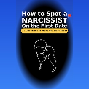 May include: A book cover with a blue and black gradient background. The title reads "How to Spot a Narcissist On the First Date." Below the title is "31 Questions to Make You Narc-Proof." A white line drawing depicts two people kissing.