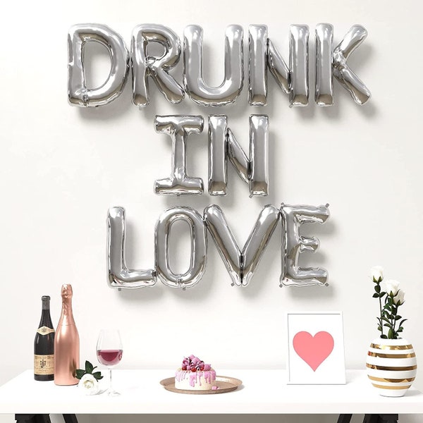 Silver Foil Drunk In Love Balloons - Foil Letter Balloons For Party - 16 Inch Drunk In Love Bachelorette Party Decorations