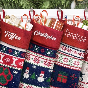 Meias de Natal personalizadas, conjunto de meias de família com nome bordado, meias com monograma, meias de Natal de malha estilo Fair Isle