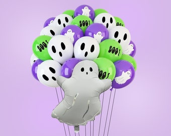 Ghost Balloons Kit | 50Pcs White, Purple, Ghost, Green & Boo Latex Balloons for Halloween Party Decorations