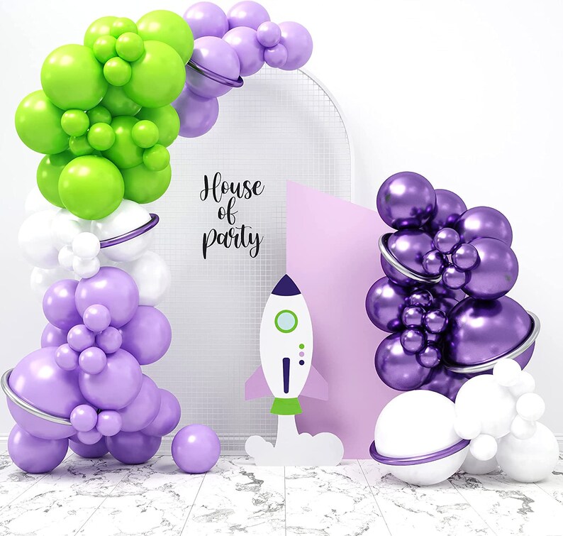 Buzz Lightyear Balloon Arch Kit 110Pcs Purple Green White Balloons for Two Infinity and Beyond Birthday Party Decor