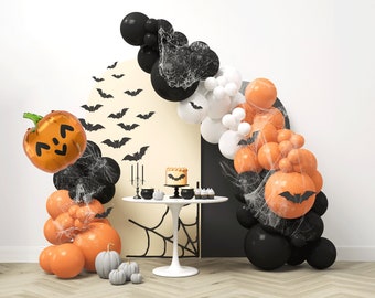 Halloween Balloon Arch Kit - DIY  Halloween Balloon Garland, Pumpkin Orange and Black Balloons Decorations, PVC Bats with Spider Web