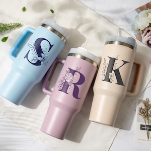 Custom 40oz Tumbler Flower Initial Tumbler | Stainless Steel Travel Mug with Lid & Straw | Gifts for Her