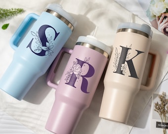 Custom 40oz Tumbler with Initial Name, Flower Initial Tumbler, Stainless Steel Travel Tumbler with Lid & Straw | Personalized Gift For Her
