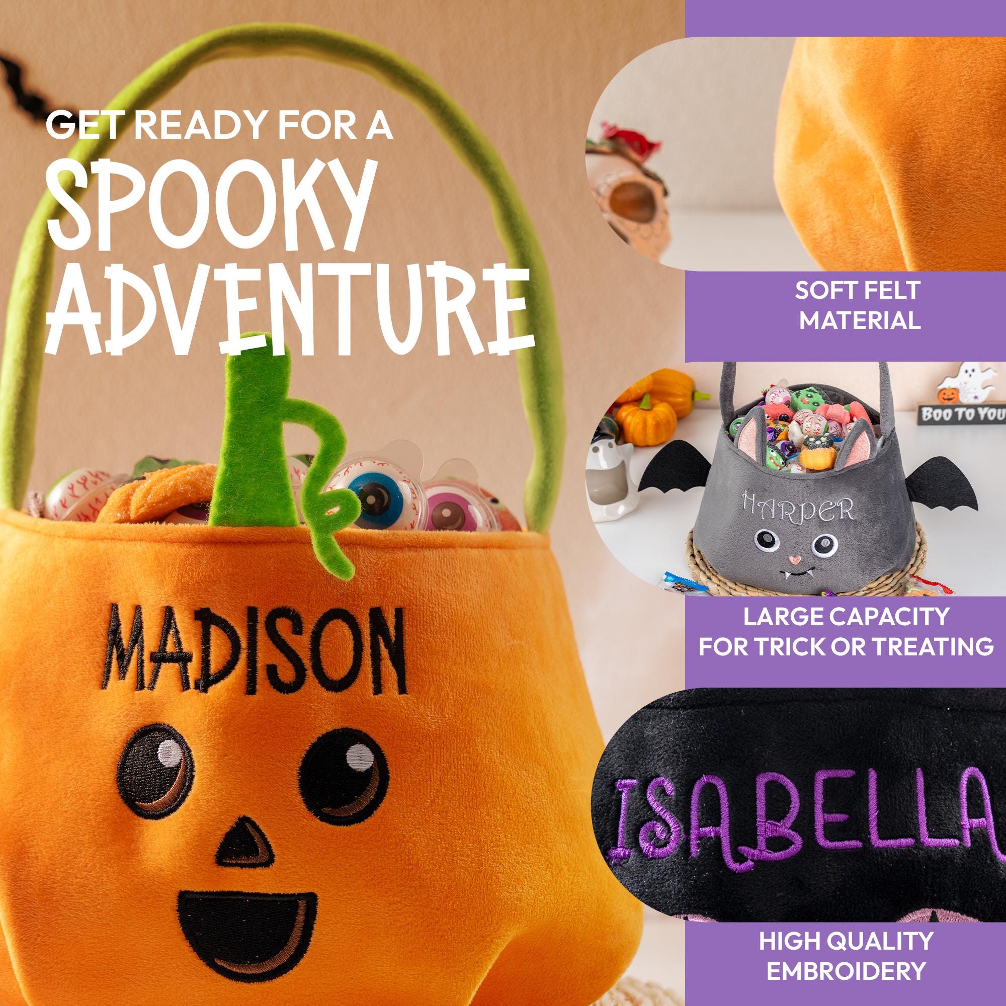 Personalized Halloween Basket | Embroidered Halloween Candy Bag | Trick or Treat Bucket | Custom Halloween Party Decorations