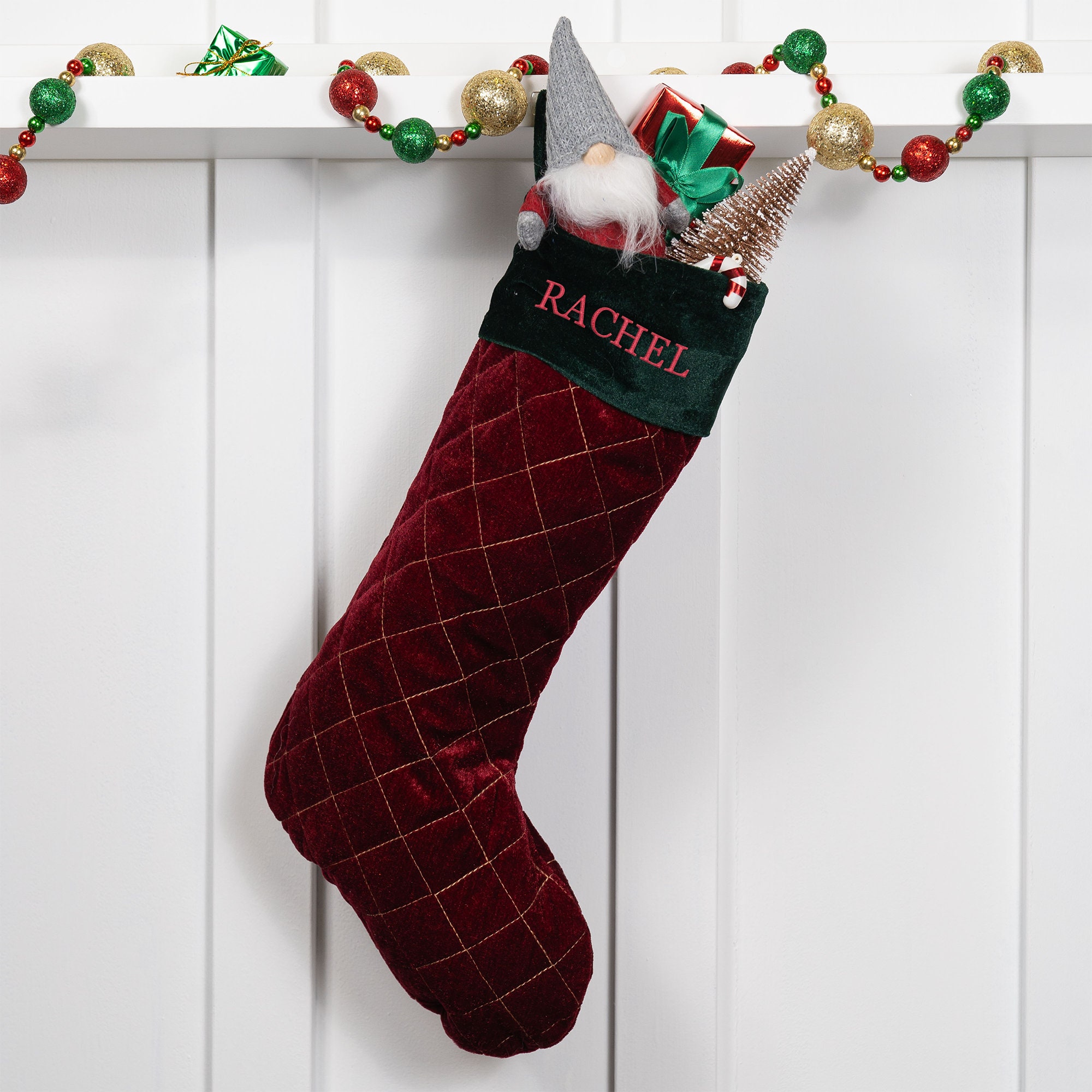 Personalized Monogram Christmas Stocking - Red Velvet 20" Stocking With Plush Cuff, Embroidered Letter (Letter L)