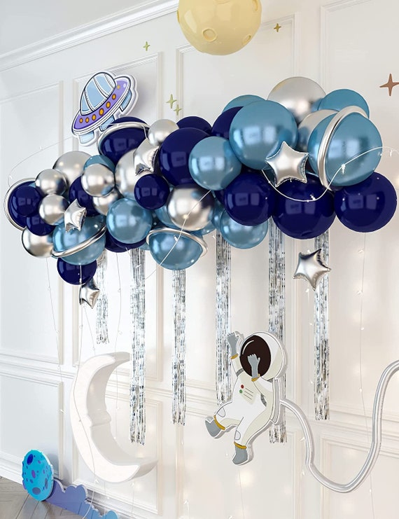 Baby Boy 1st Birthday Decorations-Balloons Arch Garland Kit，ONE Birthday  Balloon Boxes，Silver Curtains，First Birthday Supplies，Complete and