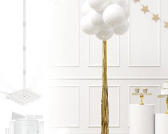 DIY Balloon Topiary Stand - Balloon Holder with White Balloons & Gold Foil Curtain, Centerpiece Balloon Column for Wedding and Engagement