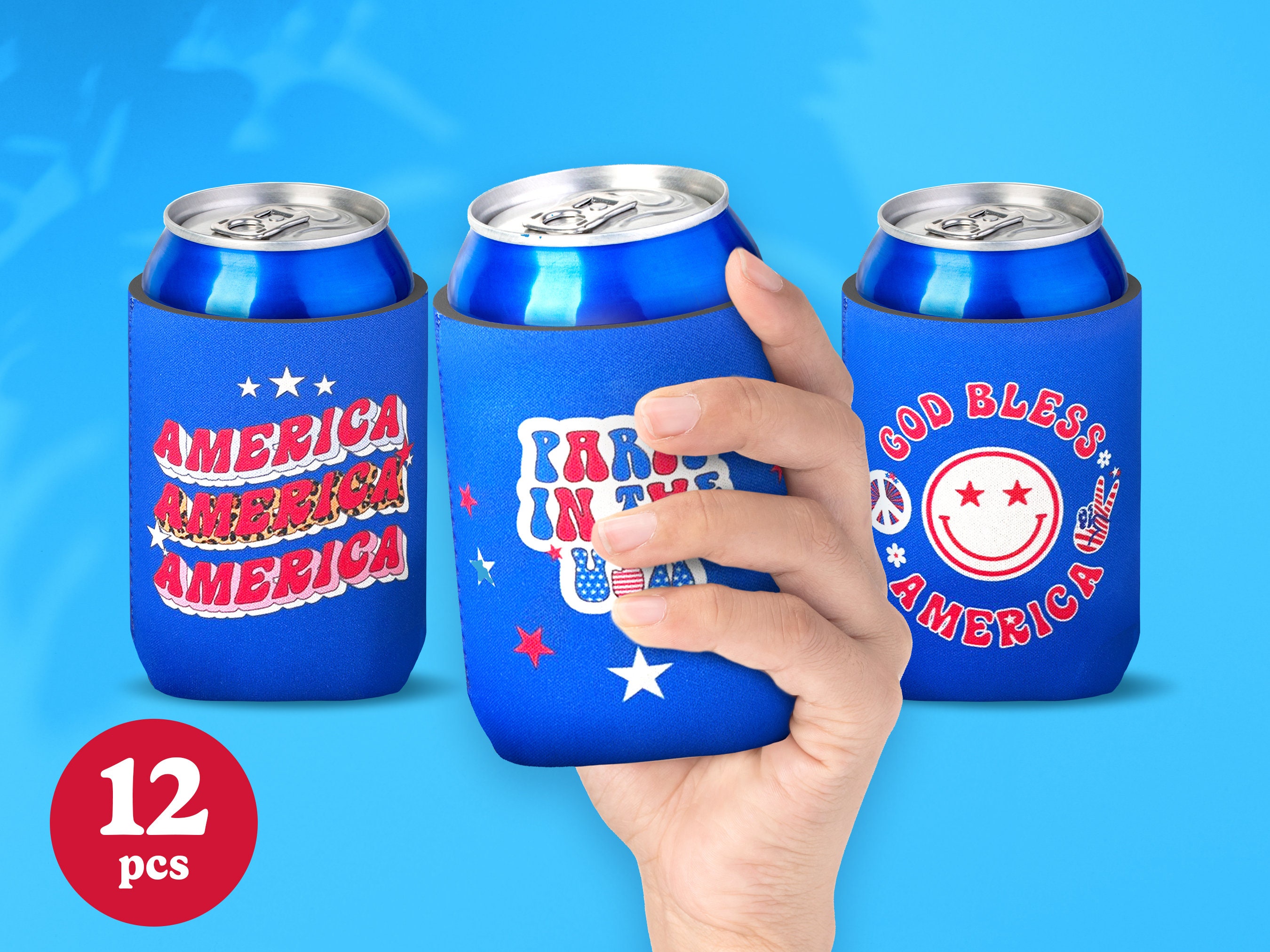 HOUSE OF PARTY 4th of July Can Koozies | 6PCS Beer Can Coolers Sleeves Bulk  for Soda Drink Bottles | Red White Blue Patriotic Fourth of July Can