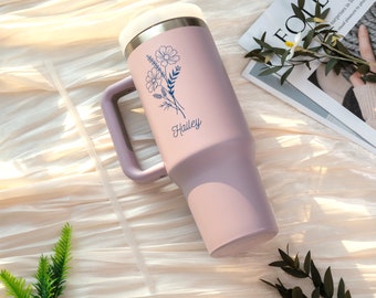 Personalized Birth Flower Tumbler with Handle & Straw - Engraved 40oz Tumbler, Stainless Steel Travel Mug, Mother's Day Gift