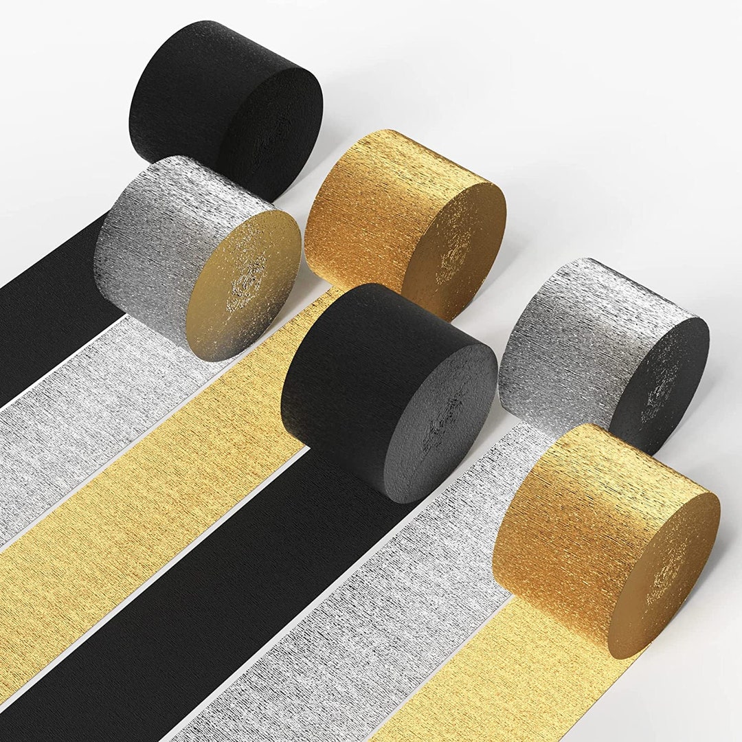 Crepe Paper Streamers 6 Rolls Gold, Silver and Black Birthday Party