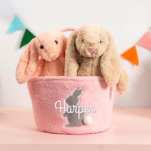 Flauschiges Häschen-Osterkörbchen | Gestickte Tasche für Baby-Jungen-Mädchen | Personalisierte Ostern Eiersuche Korb für erste Ostern | Ostern Geschenk