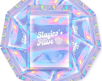 Stayin Alive Hangover Kit Bags | (5"x7") 10Pcs Holographic Recovery Favor Bags for Bachelorette & Birthday Party