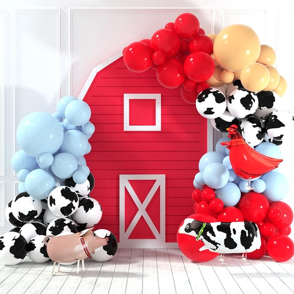 Farm Balloon Garland | 110Pcs Red, Blue & Cow Print Balloons Arch Kit For Barnyard Themed Birthday Party Decoration