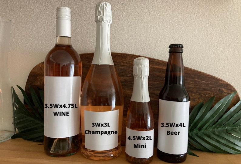 May include: Four bottles of alcoholic beverages: wine, champagne, mini, and beer. The wine bottle is 3.5 inches wide and 4.75 liters. The champagne bottle is 3 inches wide and 3 liters. The mini bottle is 4.5 inches wide and 2 liters. The beer bottle is 3.5 inches wide and 4 liters.