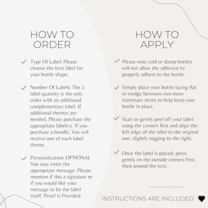 May include: Instructions for applying labels are displayed on a cream-colored background. The text includes "How to Order" and "How to Apply" with bullet points detailing label selection, quantity, and application steps. The brand name "PRINTEDMILESTONE" is also visible.