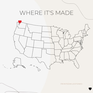 May include: A map of the United States with the text "WHERE IT'S MADE" at the top. A red heart marks a location in the Pacific Northwest. The words "PRINTEDMILESTONES" are at the bottom.