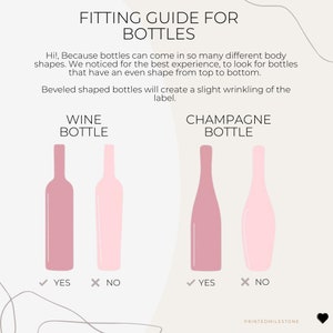 May include: A fitting guide for bottles with text. The image shows illustrations of wine and champagne bottles in shades of pink. The text indicates which bottle shapes are best for a good experience. The text says "Wine Bottle" and "Champagne Bottle".