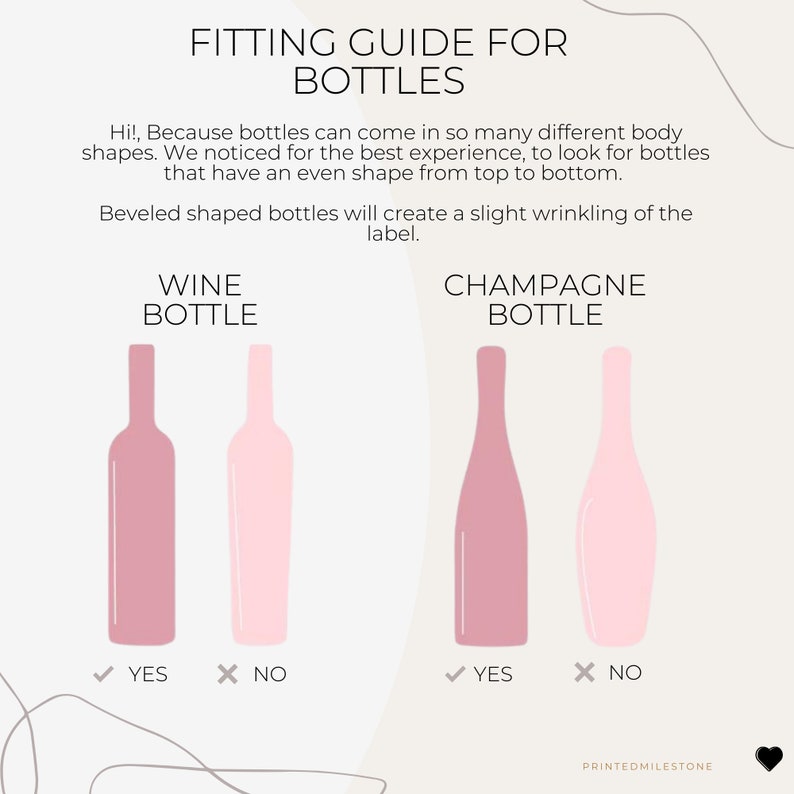 May include: A fitting guide for bottles with text. The image shows illustrations of wine and champagne bottles in shades of pink. The text indicates which bottle shapes are best for a good experience. The text says "Wine Bottle" and "Champagne Bottle".