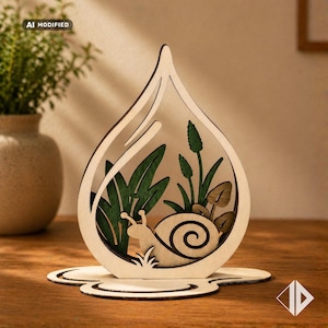 May include: A teardrop-shaped wooden decorative ornament featuring a cutout design of a snail among green leaves and brown mushrooms. The piece is mounted on a flat, layered wooden base, showcasing natural wood tones and painted green accents.