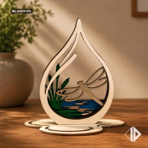 May include: A teardrop-shaped wooden decorative ornament featuring a cutout design of a dragonfly hovering over green reeds and blue water. The piece is mounted on a flat, layered wooden base, showcasing natural light wood tones and painted details.