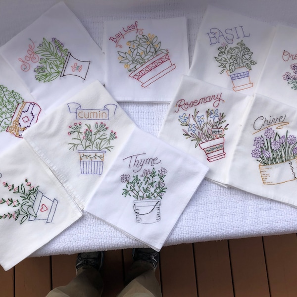 Herb Collection Handmade Embroidered Flour Sack Towels